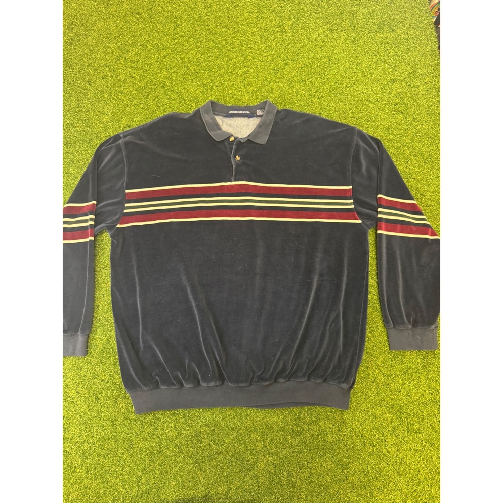 Vintage Christopher Hayes Mens XXL Velour Polo Shirt‎ Navy Striped Long Sleeve